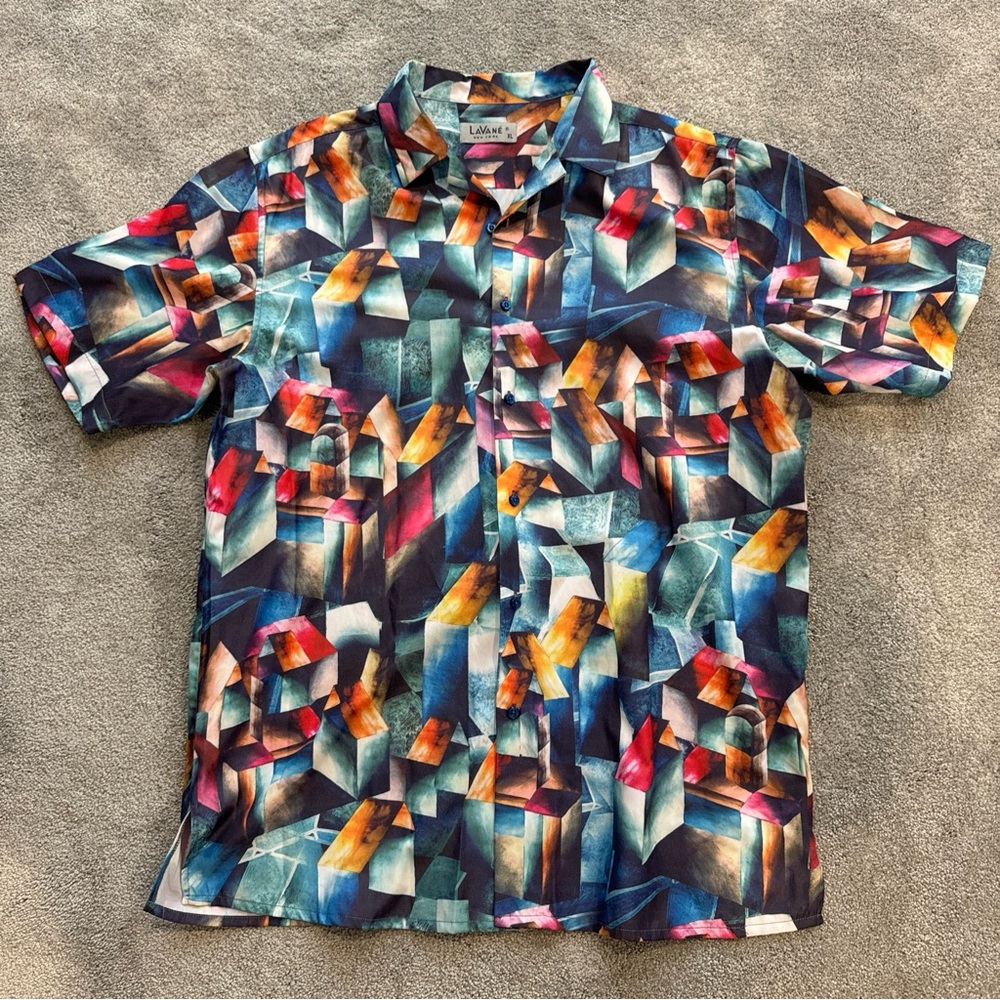 Mens XL Lavane New York Geometric Rave Festival Button Down Polo